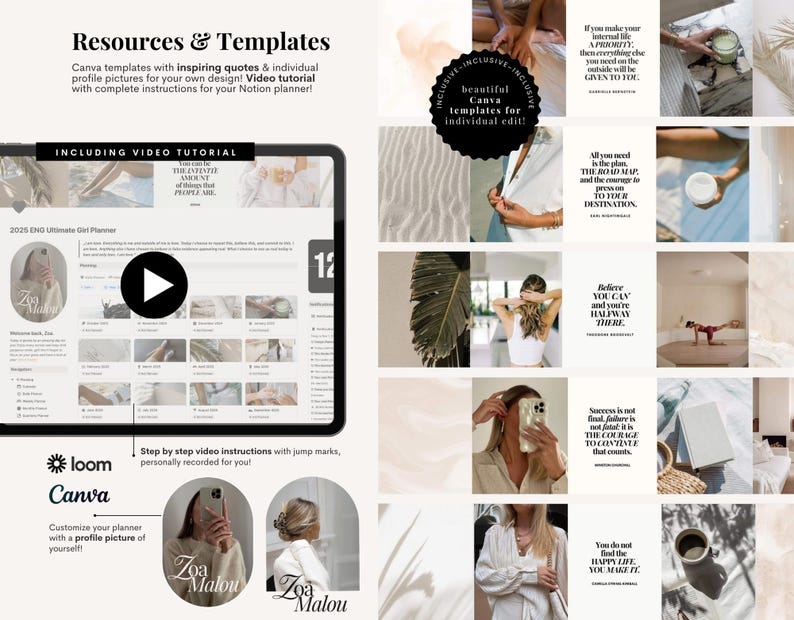 Op de afbeelding: Een digitale productpresentatie met Canva-sjablonen met inspirerende citaten en profielfoto's voor Notion-planners. De afbeelding bevat een video-tutorial, de tekst "Resources & Templates" en de merknaam "Zoa Malou".