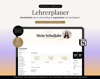 Può includere: Un modello Notion digitale per insegnanti intitolato Lehrerplaner, che presenta una dashboard con sezioni di classe per 5C, 9B e 10A, un calendario, un menu di navigazione e un badge della versione 2026/27 con icona del sole.