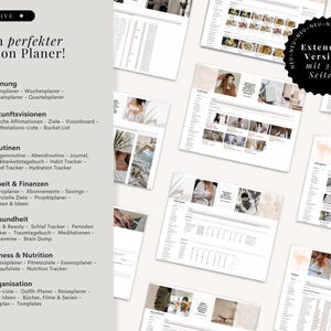 Pu&ograve; includere: Un planner digitale con pi&ugrave; pagine, con un design pulito e minimalista. Le pagine includono sezioni per la pianificazione, le visioni future, le routine, il lavoro e le finanze, la salute, il fitness e la nutrizione e l'organizzazione. Il testo &egrave; in tedesco.
