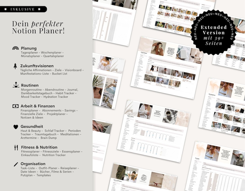 Pu&ograve; includere: Un planner digitale con pi&ugrave; pagine, con un design pulito e minimalista. Le pagine includono sezioni per la pianificazione, le visioni future, le routine, il lavoro e le finanze, la salute, il fitness e la nutrizione e l'organizzazione. Il testo &egrave; in tedesco.