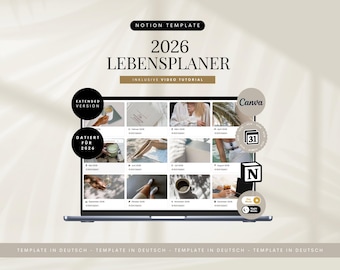 Può includere: Un laptop mostra un modello Notion intitolato "2026 Lebensplaner" con il testo "Inklusive Video Tutorial". Lo schermo mostra una griglia di immagini. Il testo include "Extended Version", "Dated for 2026" e "Canva".
