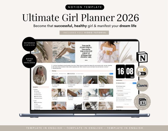Notion Template 2026 Ultimate Girl Planner English Life Planner Notion Dashboard Aesthetic Notion Templates ADHD Notion Student Planner