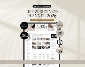 May include: A digital Notion template titled Life & Business Planner 2026, featuring an extended version dated for 2026/2027. The interface includes branding by Auréa Branding Studio, a video tutorial, Canva integration, calendar icons, and day/night mode options.