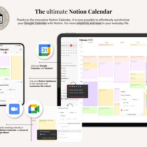 Op de afbeelding: Een digitale kalenderinterface op een tablet en smartphone, met de Notion Calendar. De interface toont een kalender met kleurgecodeerde evenementen en de tekst "Februari 2025". De afbeelding bevat ook de tekst "The ultimate Notion Calendar".