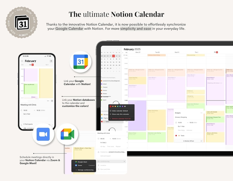 Op de afbeelding: Een digitale kalenderinterface op een tablet en smartphone, met de Notion Calendar. De interface toont een kalender met kleurgecodeerde evenementen en de tekst "Februari 2025". De afbeelding bevat ook de tekst "The ultimate Notion Calendar".