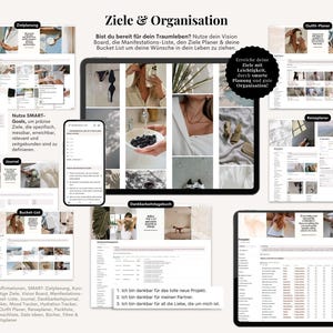 Pu&ograve; includere: Un sistema digitale di pianificazione e organizzazione visualizzato su un tablet e uno smartphone. L'immagine include vari modelli di pianificazione, come una vision board, una lista dei desideri e un diario, con il testo "Ziele & Organisation".