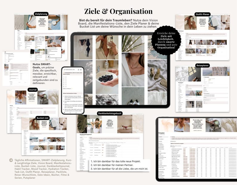 Pu&ograve; includere: Un sistema digitale di pianificazione e organizzazione visualizzato su un tablet e uno smartphone. L'immagine include vari modelli di pianificazione, come una vision board, una lista dei desideri e un diario, con il testo "Ziele & Organisation".