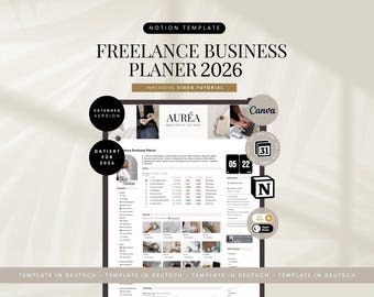 Può includere: Un modello Notion digitale per la pianificazione aziendale freelance nel 2026. L'immagine presenta il testo "FREELANCE BUSINESS PLANER 2026" e include icone per Canva, un calendario e altre funzionalità.