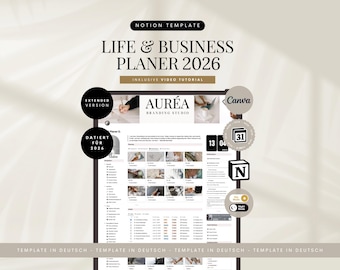 Può includere: Un modello Notion digitale per un Life & Business Planner 2026, con una versione estesa e un tutorial video. Il design include il testo "AURÉA Branding Studio" e icone per Canva, un calendario e Notion.