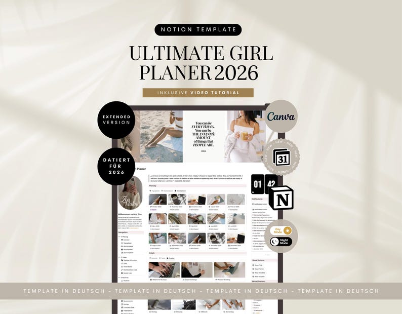 Pu&ograve; includere: Un modello di pianificatore digitale intitolato "ULTIMATE GIRL PLANER 2026" con il testo "INKLUSIVE VIDEO TUTORIAL". Il design include elementi circolari con le parole "EXTENDED VERSION" e "DATIERT FOR 2026". Sono presenti anche icone aggiuntive e il logo Canva.