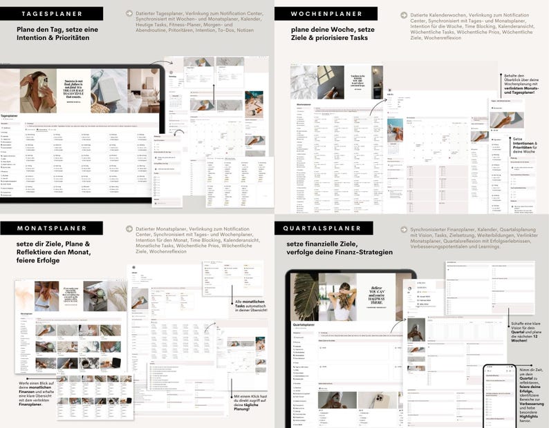 Pu&ograve; includere: Un'interfaccia di pianificazione digitale con quattro sezioni: giornaliera, settimanale, mensile e trimestrale. Ogni sezione mostra un layout diverso per la pianificazione e la definizione degli obiettivi. Il pianificatore include testo in tedesco.