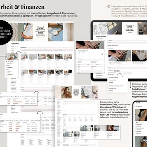 Pu&ograve; includere: Un pianificatore finanziario digitale con un design pulito e minimalista. L'immagine mostra vari schermi del pianificatore su un tablet e un telefono, con testo in tedesco. Il pianificatore include sezioni per entrate, spese, risparmi e gestione dei progetti.