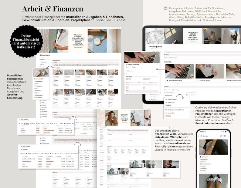 Pu&ograve; includere: Un pianificatore finanziario digitale con un design pulito e minimalista. L'immagine mostra vari schermi del pianificatore su un tablet e un telefono, con testo in tedesco. Il pianificatore include sezioni per entrate, spese, risparmi e gestione dei progetti.