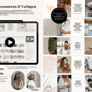 Pu&ograve; includere: Un'esposizione di prodotti digitali con modelli Canva, citazioni ispiratrici e immagini del profilo. L'immagine include un tablet con un tutorial video, un orologio che mostra le 12:34 e il testo "Zoa Malou". Il tema generale &egrave; un planner digitale.
