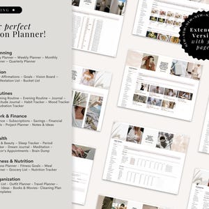 Op de afbeelding: Een digitale Notion-planner met een minimalistisch ontwerp, met verschillende sjablonen voor planning, visie, routine, werk, gezondheid, fitness en organisatie. De afbeelding bevat de tekst "Your perfect Notion Planner!" en "Extended Version with 39+ pages."