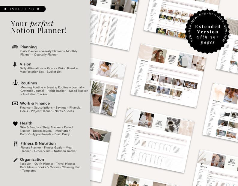 Op de afbeelding: Een digitale Notion-planner met een minimalistisch ontwerp, met verschillende sjablonen voor planning, visie, routine, werk, gezondheid, fitness en organisatie. De afbeelding bevat de tekst "Your perfect Notion Planner!" en "Extended Version with 39+ pages."