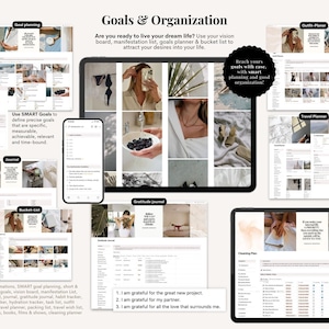 Op de afbeelding: Een digitaal plannings- en organisatiesysteem weergegeven op een tablet, telefoon en andere schermen. De afbeelding bevat tekst zoals "Doelen & Organisatie", "SMART Doelen" en verschillende planningscategorie&euml;n zoals "Outfit Planner" en "Reisplanner".