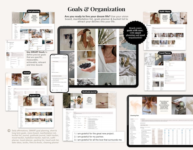 Op de afbeelding: Een digitaal plannings- en organisatiesysteem weergegeven op een tablet, telefoon en andere schermen. De afbeelding bevat tekst zoals "Doelen & Organisatie", "SMART Doelen" en verschillende planningscategorie&euml;n zoals "Outfit Planner" en "Reisplanner".
