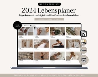 Modèle de notion 2024 Planificateur de vie Modèle de planificateur de notion allemand Tableau de bord de notion Notion esthétique Modèles numériques tout-en-un Adapté au TDAH