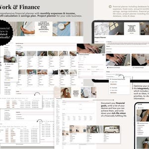 Op de afbeelding: Een digitale financi&euml;le planner met de titel "Work & Finance". De planner bevat secties voor maandelijkse uitgaven, inkomsten, winstberekening en spaarplannen. De planner bevat ook een projectplanner voor nevenactiviteiten. De tekst in de afbeelding luidt: "Uw financi&euml;le overzicht wordt automatisch berekend!"