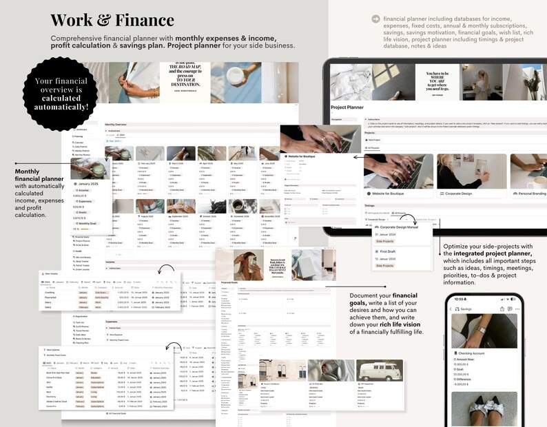 Op de afbeelding: Een digitale financi&euml;le planner met de titel "Work & Finance". De planner bevat secties voor maandelijkse uitgaven, inkomsten, winstberekening en spaarplannen. De planner bevat ook een projectplanner voor nevenactiviteiten. De tekst in de afbeelding luidt: "Uw financi&euml;le overzicht wordt automatisch berekend!"
