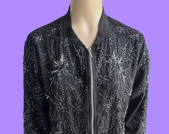 Chic vintage beaded black bomber jacket michael jackson 80s jacket vest streetwear cool aesthetic / EU S M US 6 8