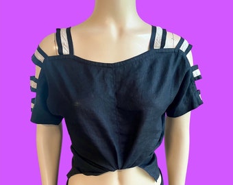 Vintage black and white linen top with cutouts / boho y2k 2000sfashion quirky top fashionforward unique / EU S  US 6