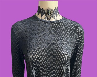 Vintage velvet black top printed see through punk rock y2k style subversive / size EU M US 8