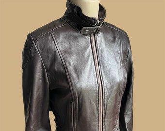 Biba darkbrown leather biker jacket vintage / size EU M US 8 / y2kaesthetic fyp streetwear grunge rock punk alternative