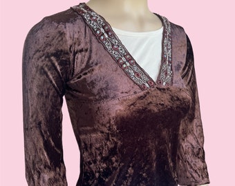 Vintage Y2k velvet brown copper beaded hippie top / bohostyle festival 00s 2000s fashion / EU S US S