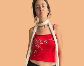 Tara jarmon red knitted tank top strap crop top with preppy embroidery / bohochic y2k festival summer summer casual/  EU S M US 6 8