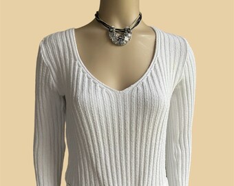 White knitted top cotton acryl belted top longsleeve/ boho y2k 2000sfashion quirky top / EU M  US 8