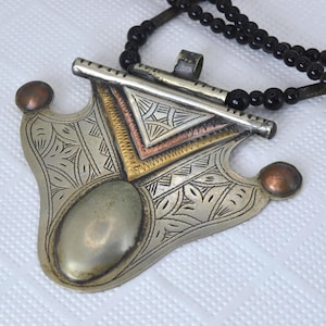 Authentic Tuareg Silver Pendant Necklace with Traditional Engraving and Black Beads - Handmade Berber Jewelry