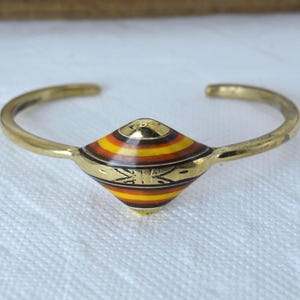 Tuareg Brass Cuff Bracelet with Striped Resin Inlay – Handmade North African Berber Jewelry