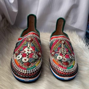 Handmade Moroccan Babouche Slippers with Colorful Embroidery and Silver Details, Comfortable Slip-On Mules for Men and Women