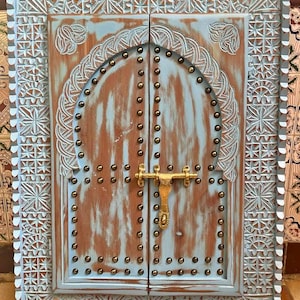 Hand-Carved Moroccan Wooden Wall Window: Vintage Riad Decor with Brass Latch