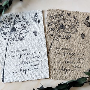 Trauerkarte auf englisch mit Pusteblume und Schmetterlingen - nachhaltige Karte handgemacht aus geschöpftem Papier