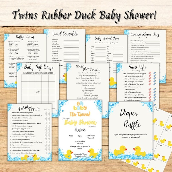 Twins Baby Shower, Rubber Duck Baby Shower, Twins Trivia, Editable Invitation, Baby Shower Twins, Shower Invitation Twins, Duck Baby Shower