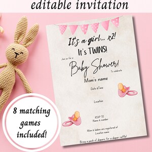 Twin Girls Baby Shower, Baby Shower Games Printable, Editable Invitation, Twins Trivia