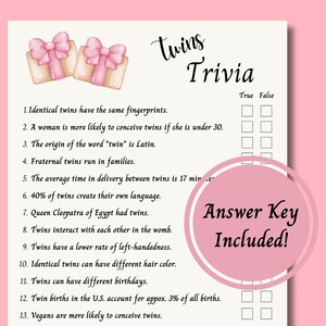 Twins Trivia, Twin Girls Baby Shower, Twins Trivia Game