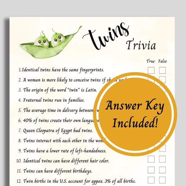 Twins Trivia Game, Twin Baby Shower, Two Peas in a Pod, Printable Baby Shower Game