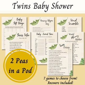 May include: Seven printable baby shower games featuring a green peapod theme. The games include: Baby Gift Bingo, Guess Who, Nursery Rhyme Quiz, Baby Animal Game, Word Scramble, Would Mommy Rather, and Twins Trivia. The games are designed for a twins baby shower.