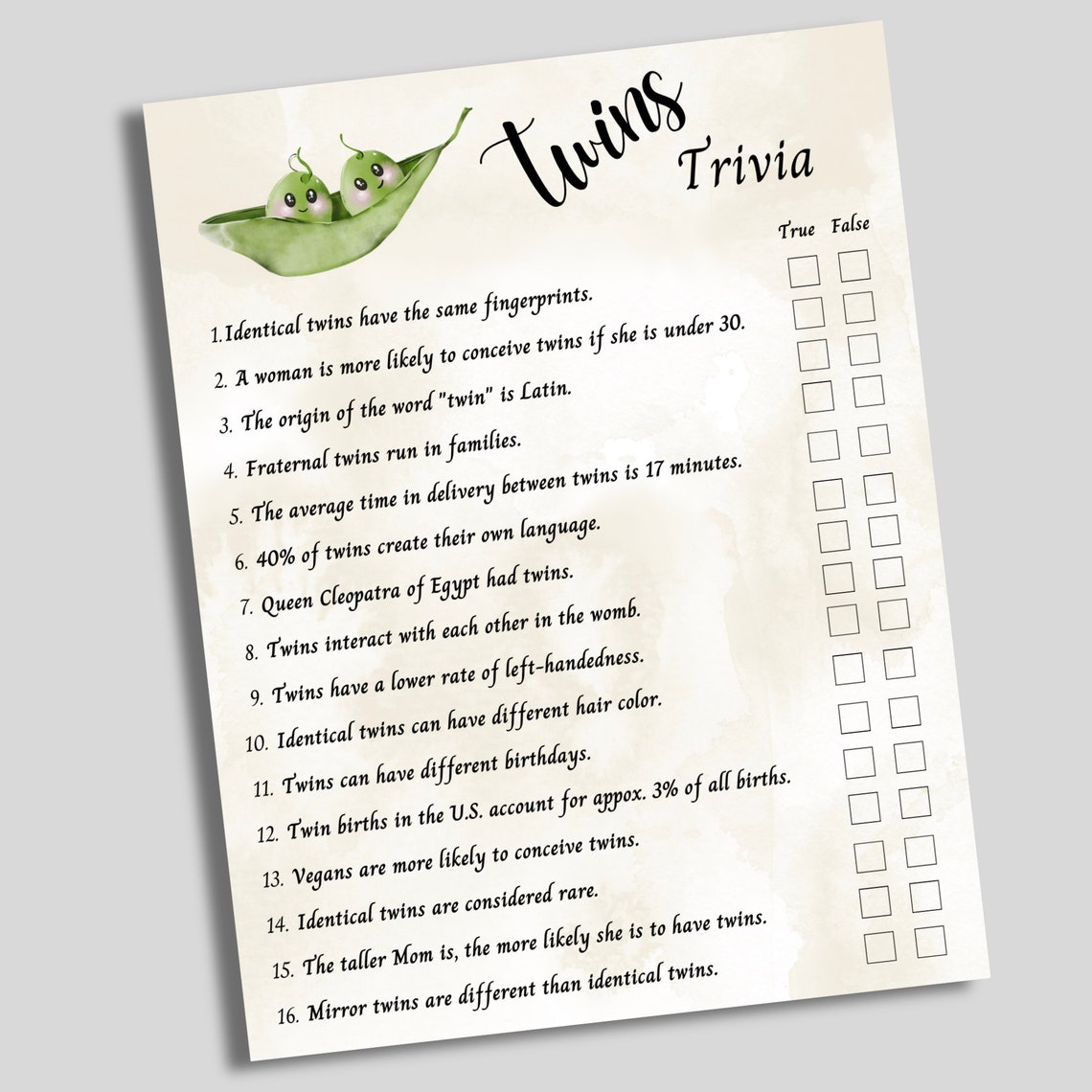 Twins Trivia Game, Twin Baby Shower, Two Peas in a Pod, Printable Baby ...