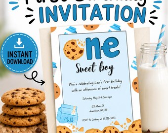 Milk and Cookies First Birthday Invitation: One Sweet Boy Party (PDF)