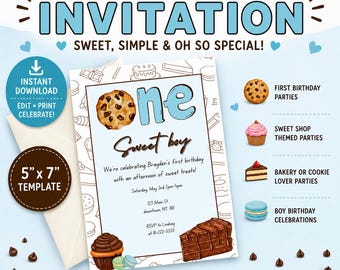 One Sweet Boy 1st Birthday Invitation: Sweets & Treats Theme (PDF)