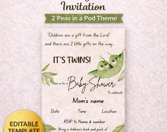 Twins Baby Shower Invitation, 2 Peas in a Pod theme, Editable Template