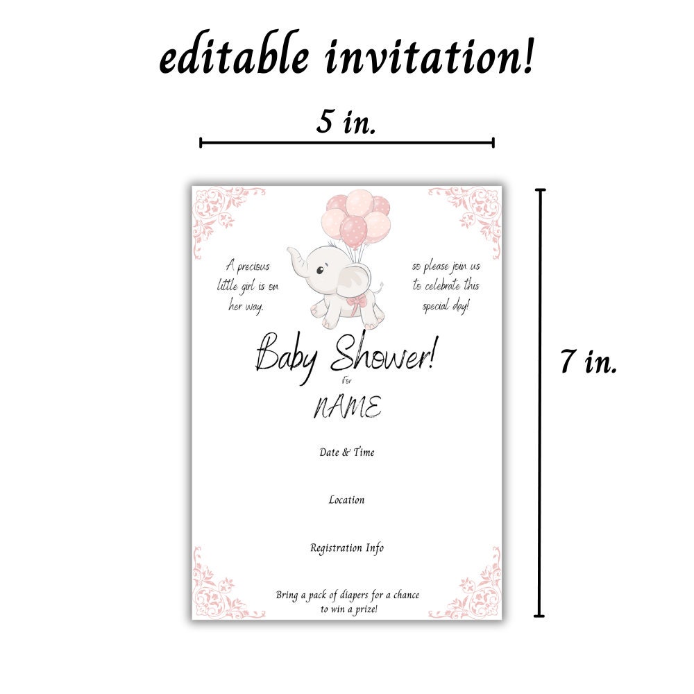 Pink Elephant Baby Shower, Printable Baby Shower Games, Editable ...