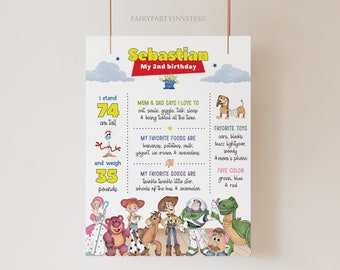 Tablero de hitos de cumpleaños de Toy Story: estadísticas y pancarta de bienvenida (digital)