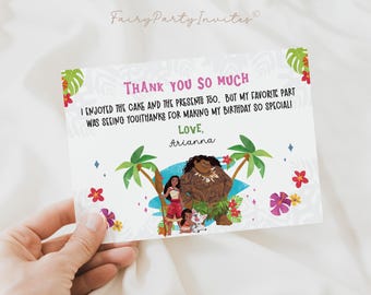 Plantilla de tarjeta de agradecimiento de cumpleaños de Moana: Diseño editable (descarga digital)
