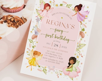 May include: A pink and white fairy-themed first birthday party invitation with a floral border. The invitation says "Join us to celebrate Regina's fairy first birthday" and includes the date "Dec 28, 2022" and time "4 o'clock in the afternoon". The invitation also includes the address "The Fairy House, 1234 Birthday Ave., Los Angeles CA 91210" and RSVP information.
